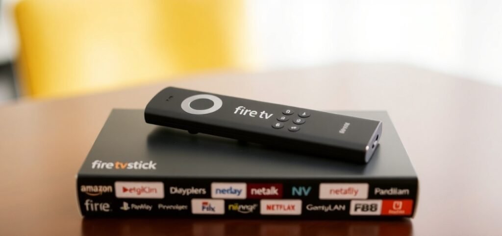 A Amazon Fire TV Stick box with a remote on top, displaying various streaming service logos.