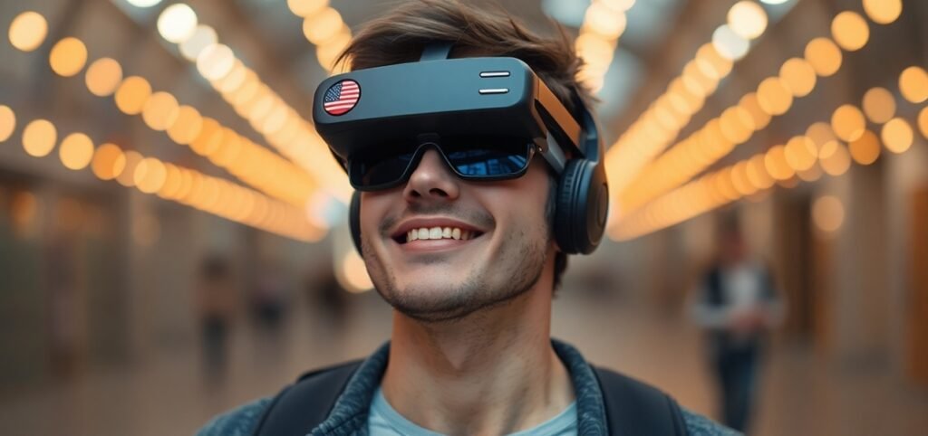 A smiling person wears a virtual reality headset with headphones, featuring an American flag sticker. They stand in a hallway filled with rows of bright, circular lights in the background.