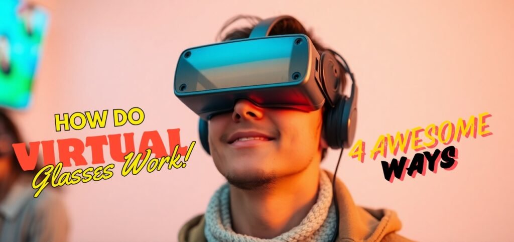 A person wearing a VR headset, smiling, with headphones on. Bright text next to them reads How do virtual glasses work! 4 awesome ways. The background is softly blurred with warm tones.