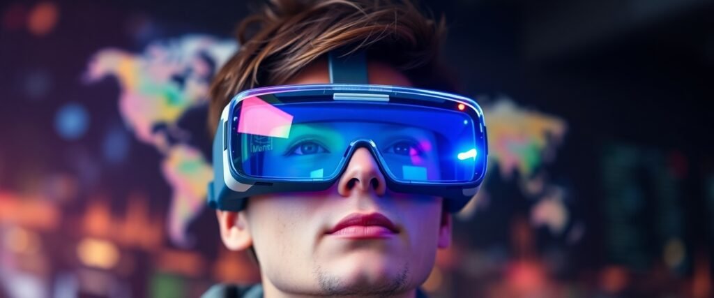 Person wearing a virtual reality headset with glowing blue lights.