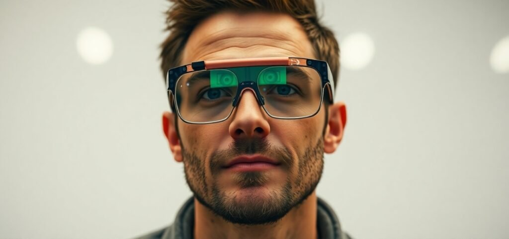 A man with glasses gazes directly at the camera, showcasing a confident expression. (Samsung XR Glasses)