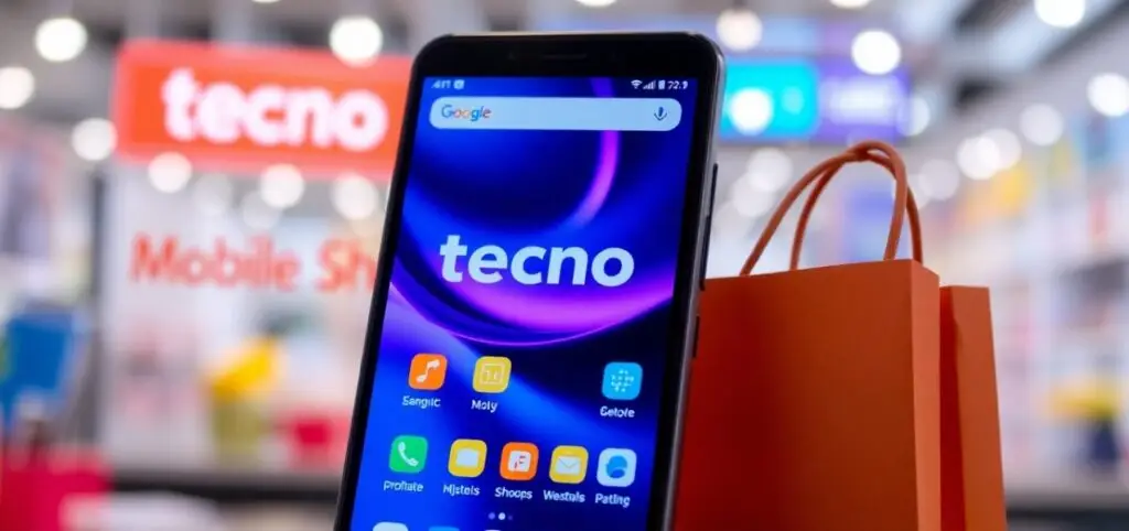 A smartphone displaying the Tecno logo on its screen is held in front of a blurred store background with visible Tecno Mobile signage.