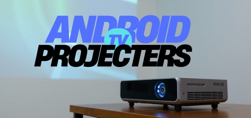 Projector on table displaying "ANDROID TV PROJECTERS" text on screen.