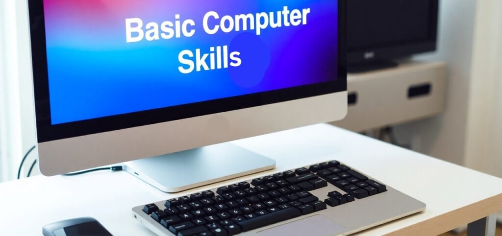 A computer on a desk with a keyboard and mouse. The screen displays the text Basic Computer Skills in white against a colorful background.