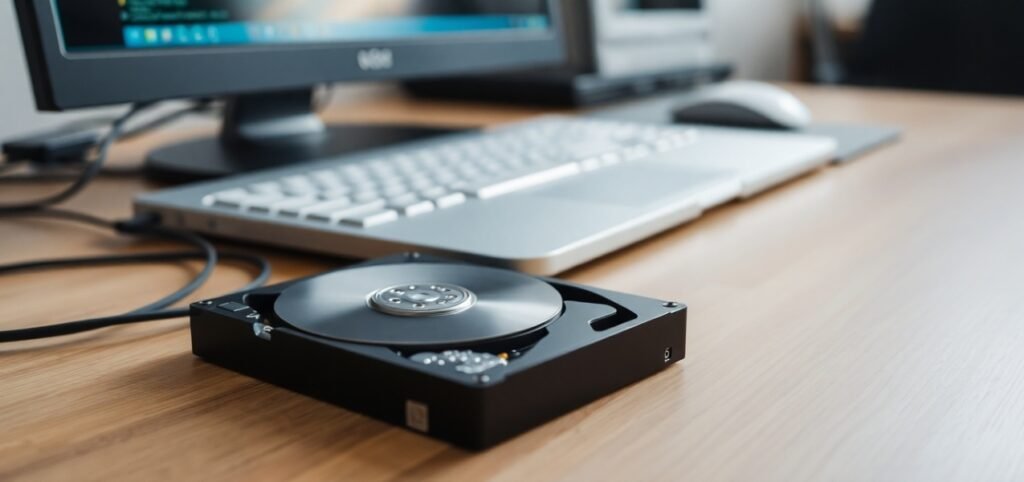 An open hard disk drive on a desk with a keyboard, mouse, and monitor in the background.