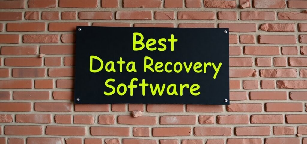 A sign that reads "Best Data Recovery Software" mounted on a brick wall.