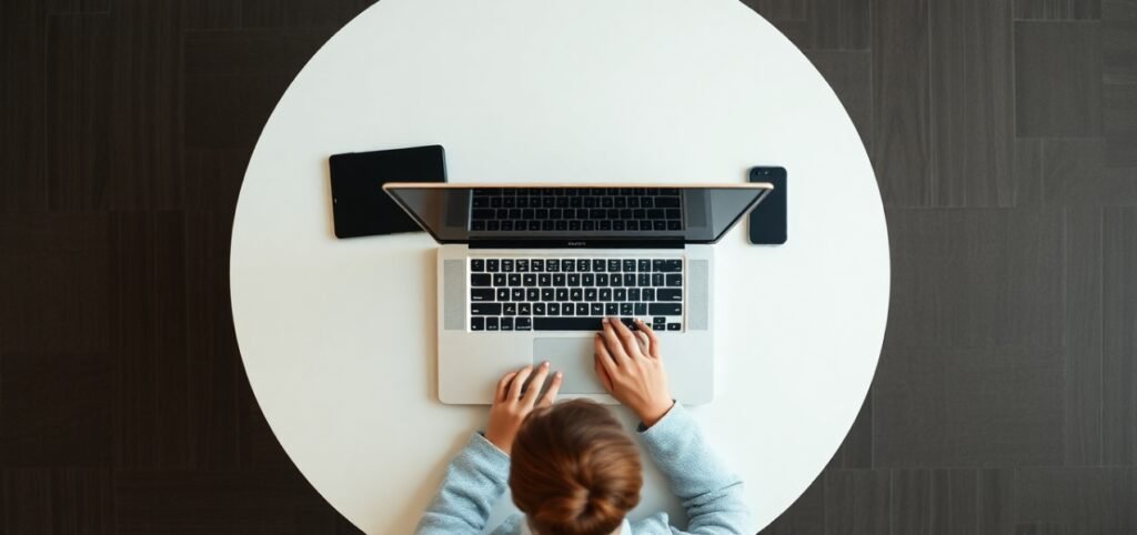 Top view of a person working on a laptop at a white round table with a tablet and smartphone.