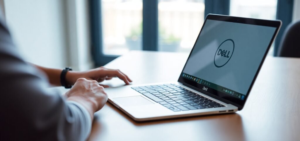 Person typing on a Dell laptops at a desk.