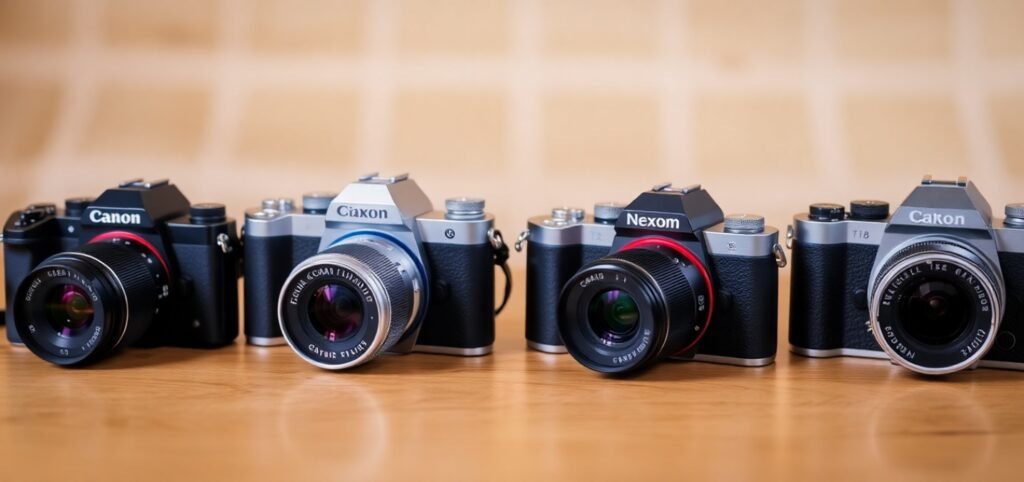 A row of four vintage-style cameras with different brand parodies on a wooden surface.