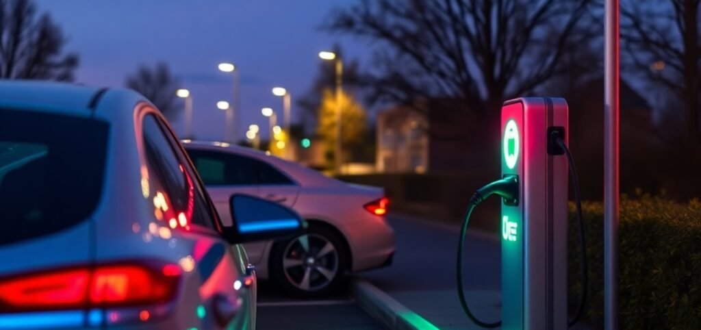 An electric car charging at a station during twilight.