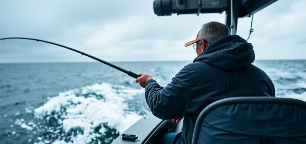 Man fishing from a fishing boat on a cloudy day at sea.