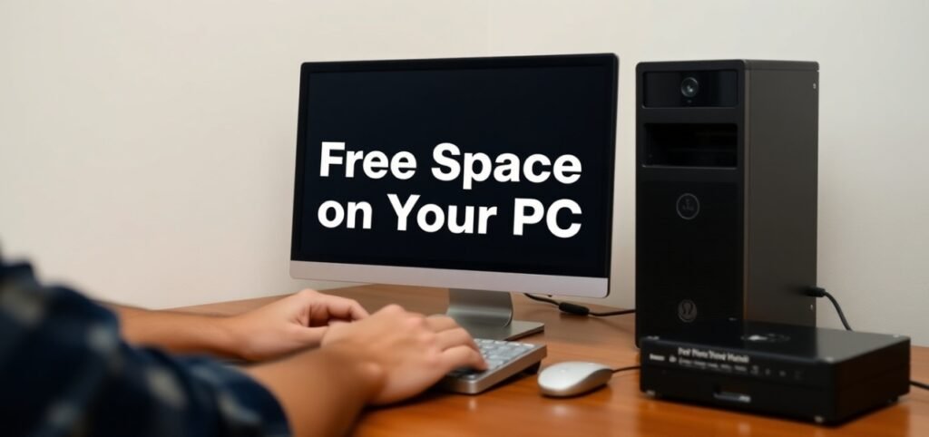 Person typing at a desk with a computer screen displaying the message Free Space on Your PC.