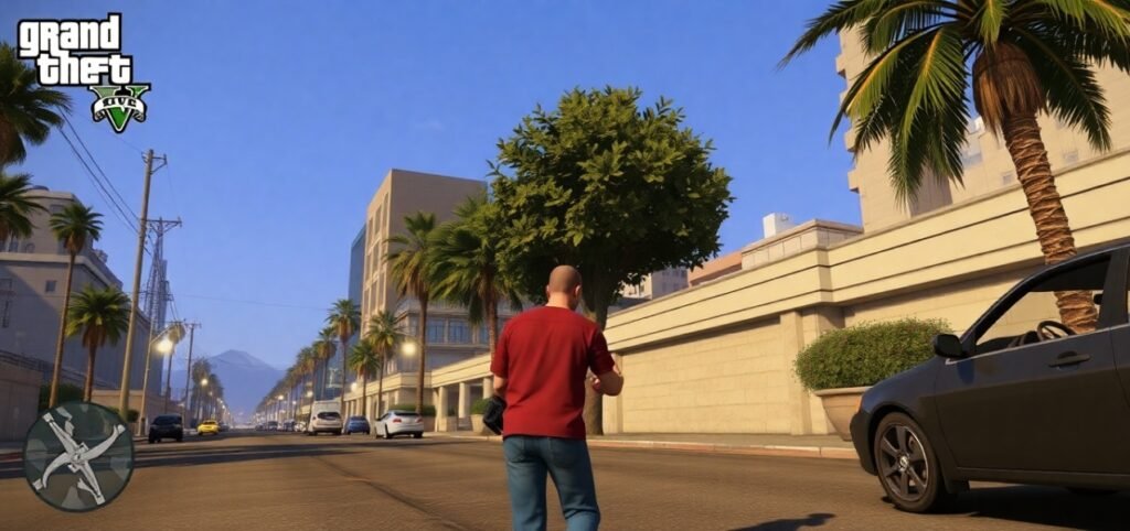 Character from a video game walking on a sunlit street lined with palm trees and cars.