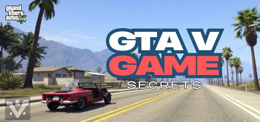 GTA V game screen with a red convertible, "GAME SECRETS" text, palm trees, and mountain backdrop.