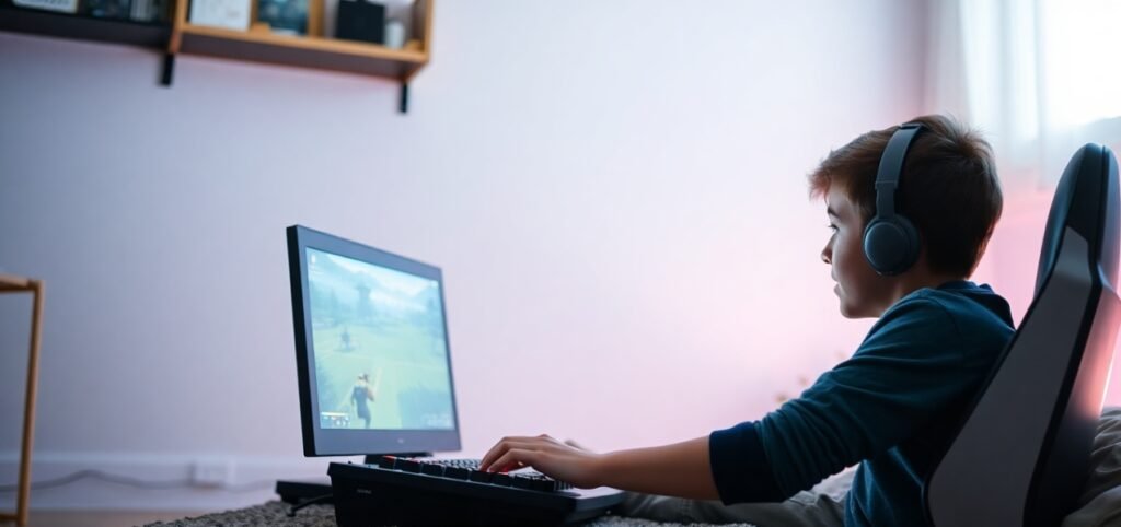 Person playing a video game on a computer in a room with gaming headphones on.