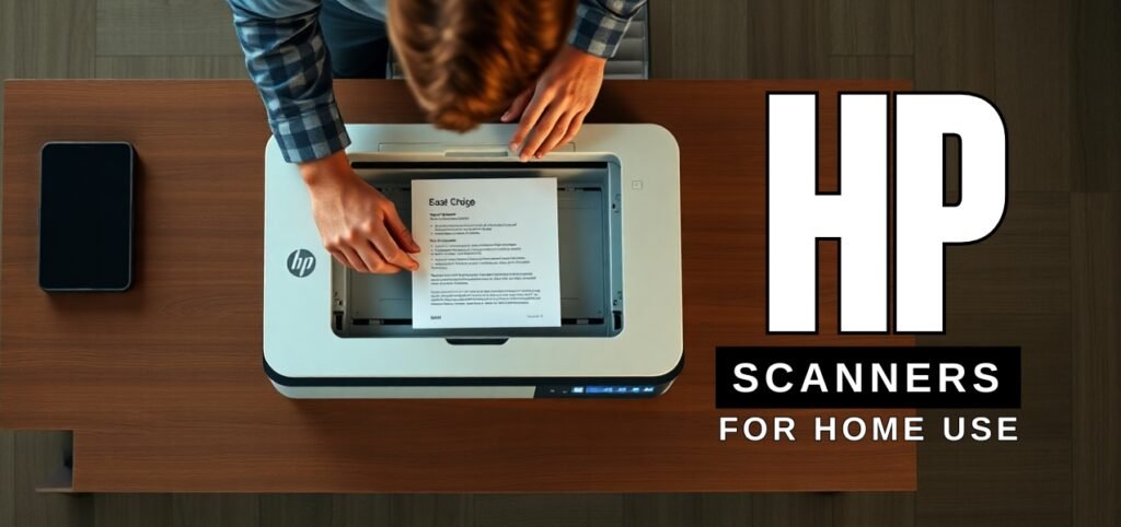 Person using an HP scanner to scan a document, with a smartphone on table and text "HP Scanners for home use".