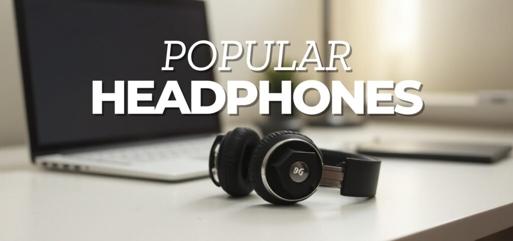 Laptop with text "POPULAR HEADPHONES" and a pair of headphones on a desk.