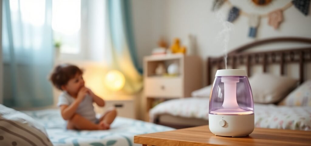 A humidifier on a table in a child's bedroom with a warm light in the background.