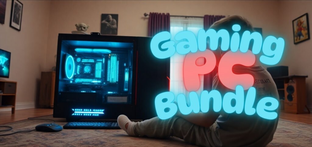 Child sitting near a desk with a gaming PC setup; "Gaming PC Bundle" text overlay.