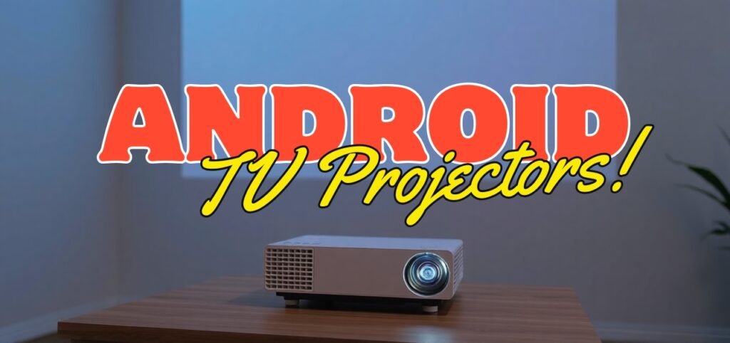 Projector on a table with the words "ANDROID TV Projectors!" displayed above.