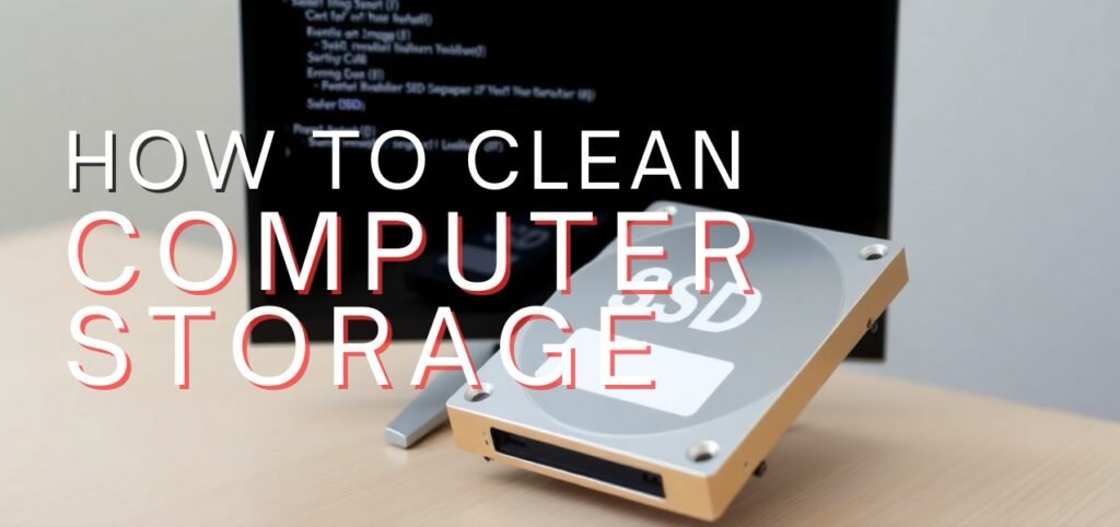 A computer SSD on a desk with text overlay "HOW TO CLEAN COMPUTER STORAGE" with a blurred monitor in the background.