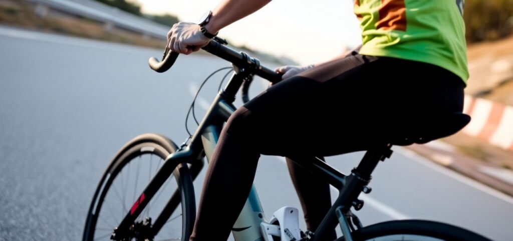 A person wearing a green and orange shirt and black leggings rides a road bicycle on a paved path. The background shows a blurred view, indicating motion and speed, with a clear sky above. Racing Bikes