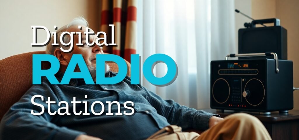 Person reclining by a table with a digital radio, text "Digital RADIO Stations" overlay.