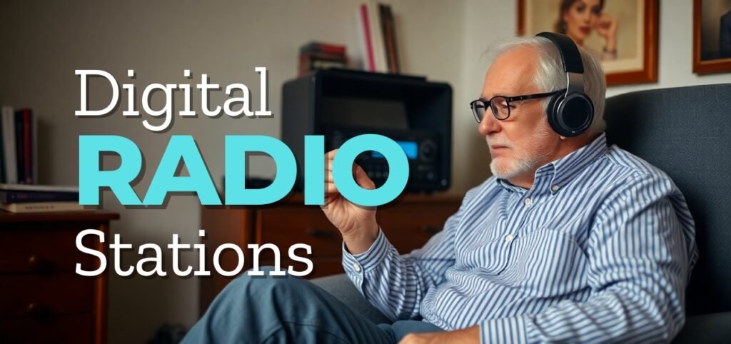 Person in headphones next to text "Digital RADIO Stations" with audio equipment in background.