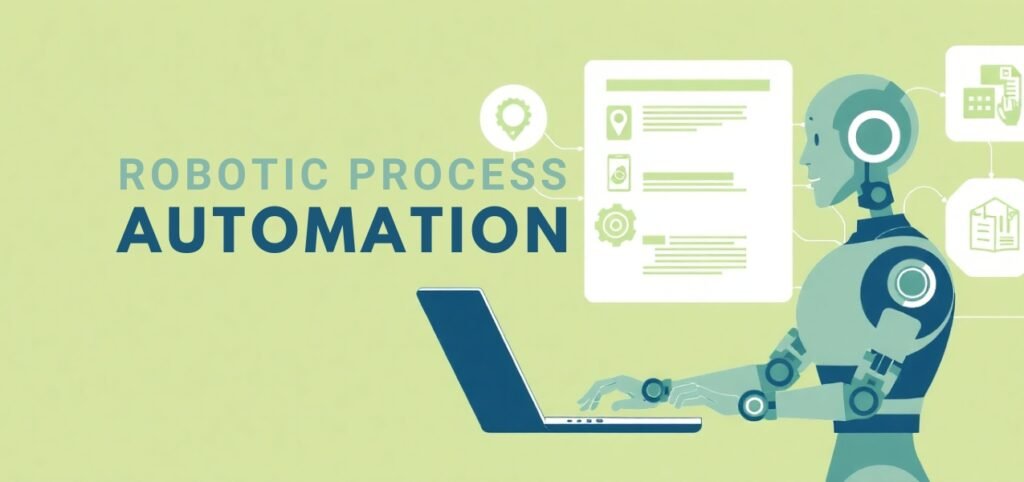 Robot using laptop with icons related to "Robotic Process Automation" concept.