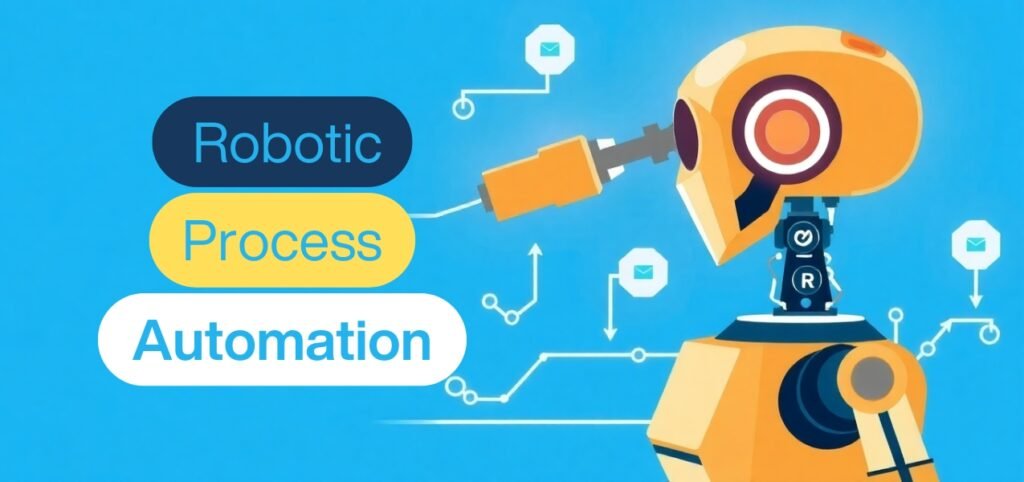 Illustration of a robot with a flowchart, symbolizing robotic process automation (RPA).