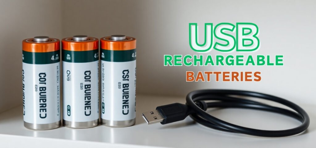 Four USB rechargeable AA batteries next to a USB cable, with "USB RECHARGEABLE BATTERIES" text.