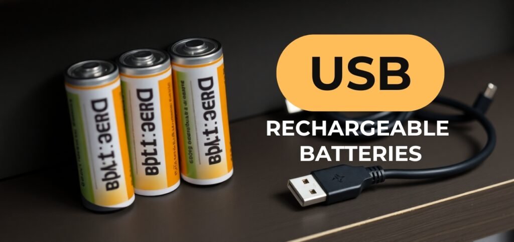 Three AA-sized USB rechargeable batteries next to a USB cable.