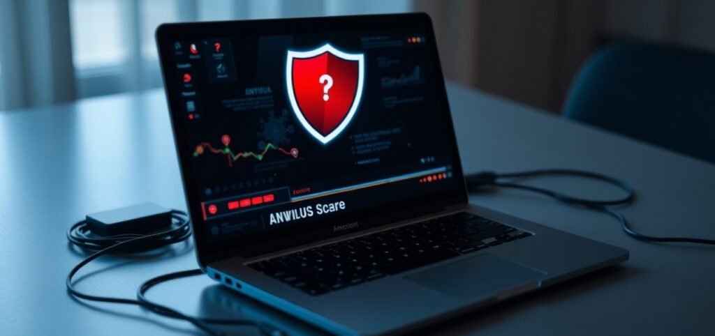 Laptop on a desk displaying a cybersecurity software interface with a shield icon.