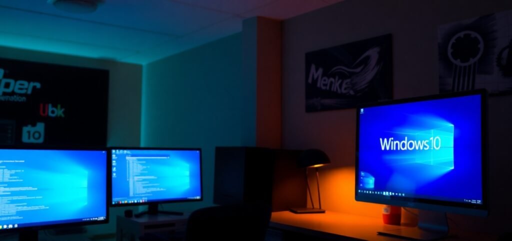 A dimly lit room with dual monitors displaying Windows 10, ambient lighting, and programming code.