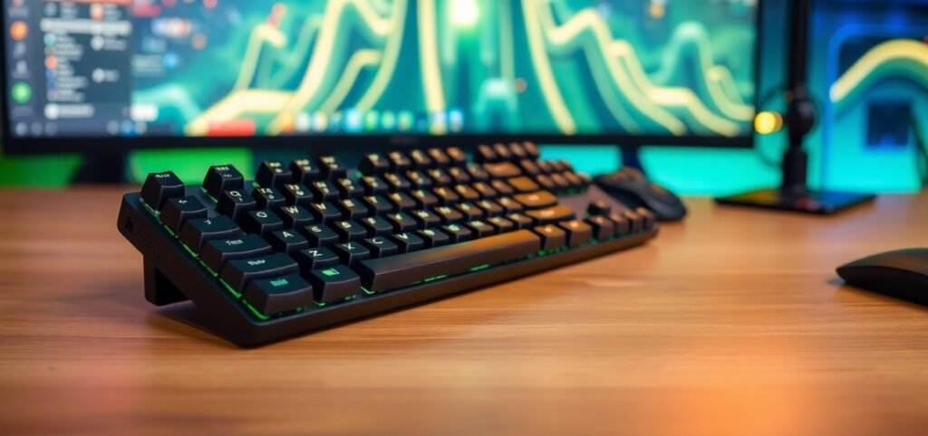 Backlit mechanical keyboard on a desk with dual monitors glowing in the background. Wireless Keywords For Gamers