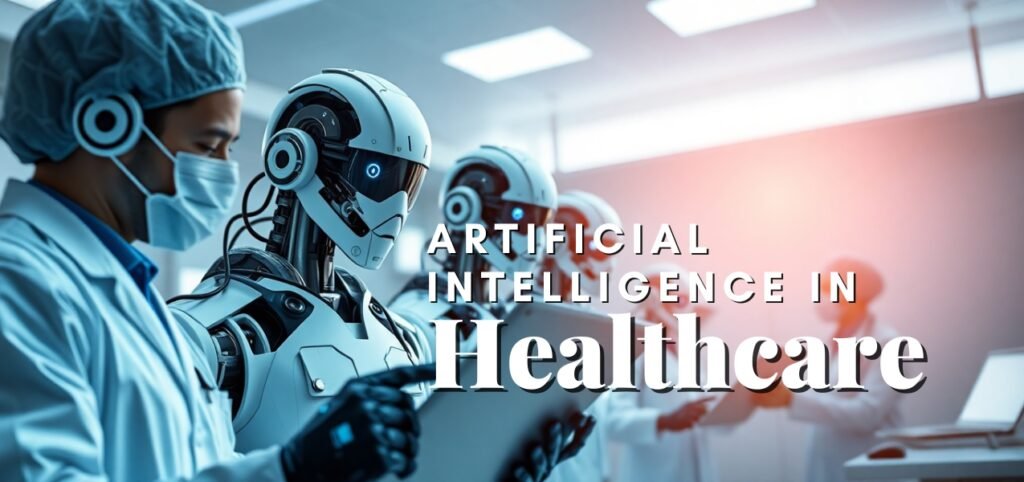 Robots alongside medical staff with text "Artificial Intelligence in Healthcare".