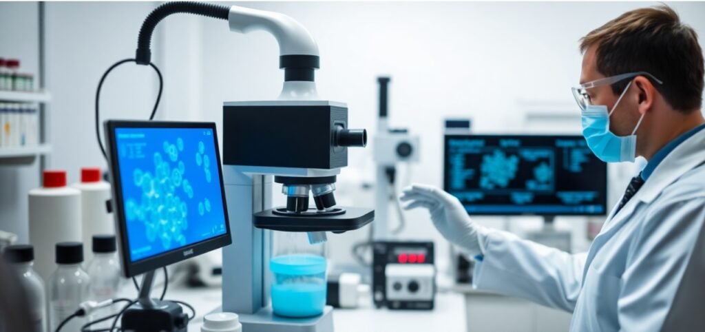 Scientist in lab coat and mask using a microscope with screen display in a laboratory setting.