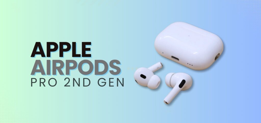 Apple AirPods Pro 2nd Generation displayed with their charging case, against a gradient blue and green background.