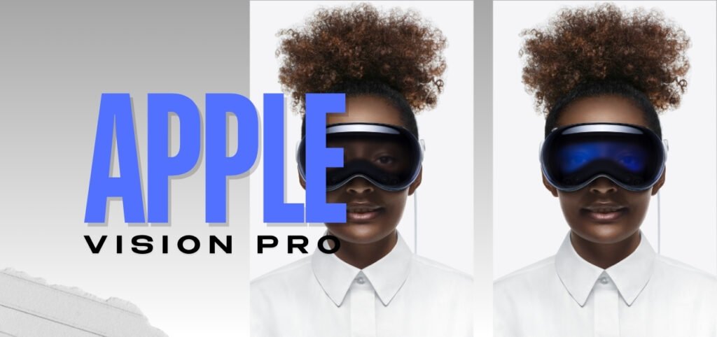 An individual in a white shirt wears headphones, featured alongside the text "Apple Vision PRO" in bold blue letters.