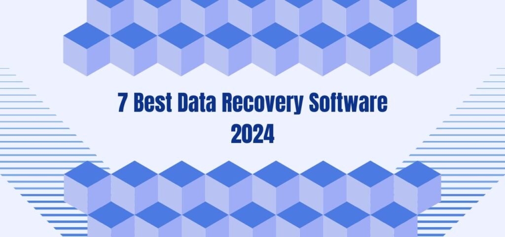 Graphic displaying "7 Best Data Recovery Software 2024" on a light background with geometric blue cube patterns.