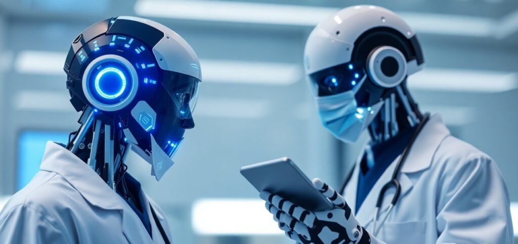 Two robots in medical attire, one holding a smartphone, in a high-tech facility.