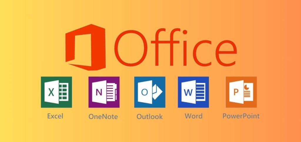 Logo of Microsoft Office with icons for Excel, OneNote, Outlook, Word, and PowerPoint against a gradient orange background.