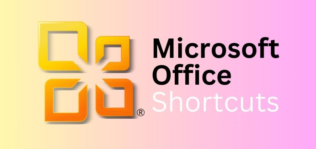 Graphic featuring the Microsoft Office logo, with "Microsoft Office Shortcuts" text on a pink gradient background.