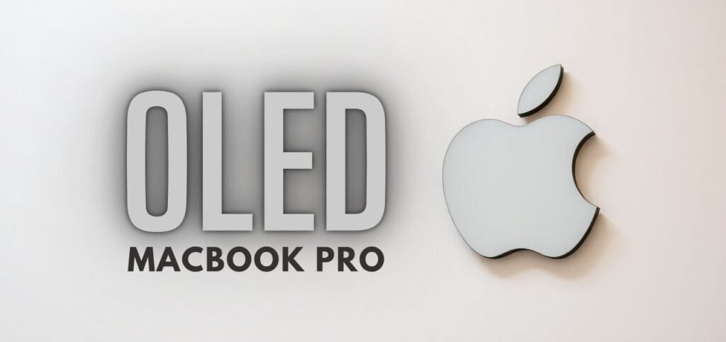 Text "OLED MacBook Pro" next to a stylized white Apple logo on a light background.