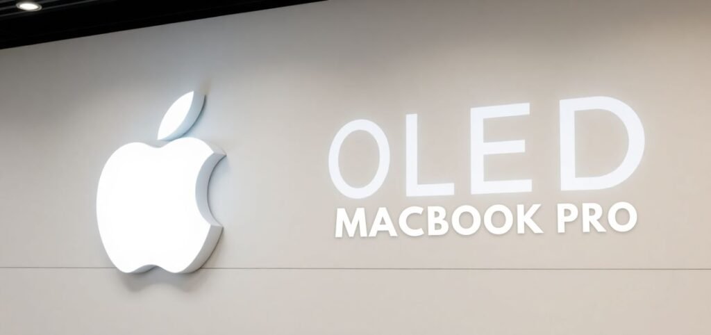 Illuminated Apple logo alongside the text "OLED MACBOOK PRO" on a light-colored wall, showcasing Apple's product branding.