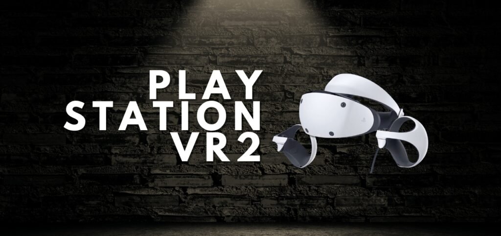 A sleek white PlayStation VR2 headset against a dark, textured background with spotlighting, highlighting its modern design.