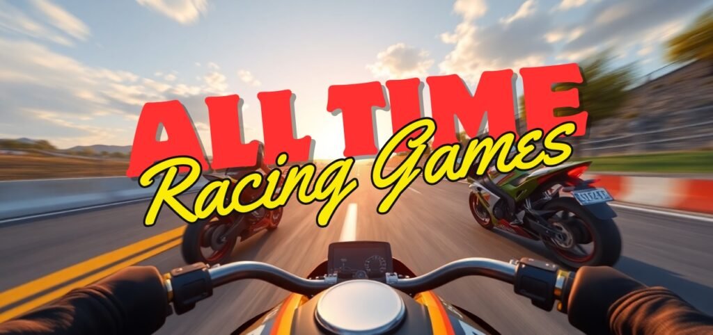 A motorcycle view racing on a winding road with sunset. The bold text reads "ALL TIME Racing Games" prominently in the foreground.