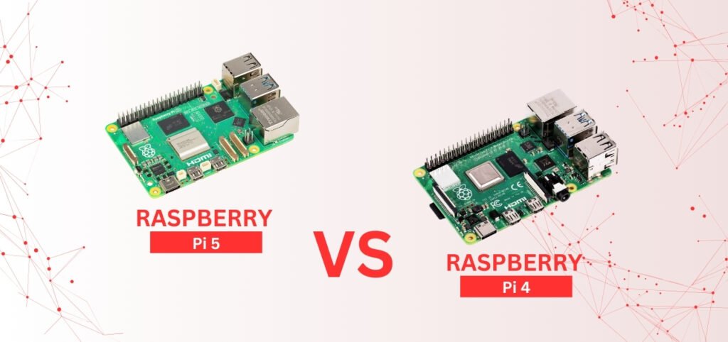 Image comparison of Raspberry Pi 5 and Raspberry Pi 4, showcasing their respective designs and features.