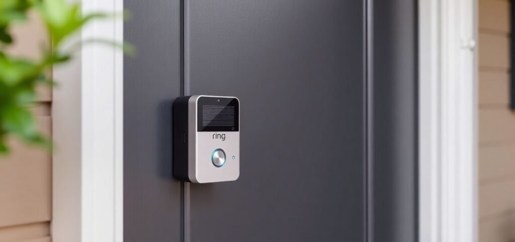 A Ring video doorbell mounted on a dark front door, featuring a camera and a blue light, surrounded by soft greenery.