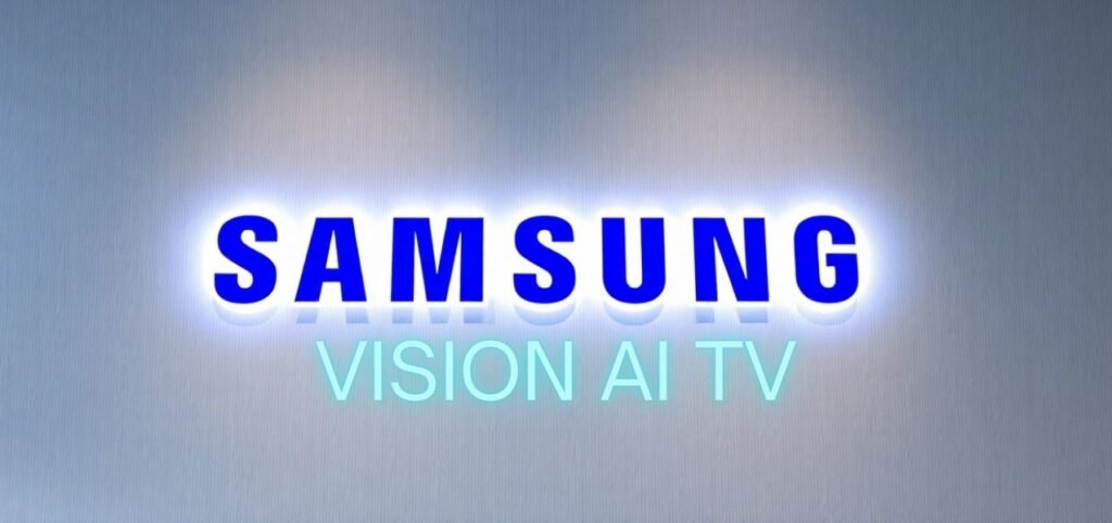 Samsung logo illuminated in blue with the text "Samsung VISION AI TV" displayed in light green below, set against a silver background.